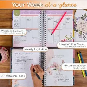 Christian Art Gifts Inspirational 18 Month Wirebound 2025 Planner for Women: Strength and Dignity - Encouraging Bible Verse Personal Week Organizer w/Elastic Closure Aug 2024-Jan 2026, Blue Floral