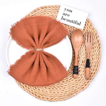 Joanlody Terracotta 10 Pack Handmade Cloth Napkins Cotton Linen Easter Spring Napkins with Fringe Rustic Bulk Dinner Napkins for Wedding Party Baby Shower Table Decor