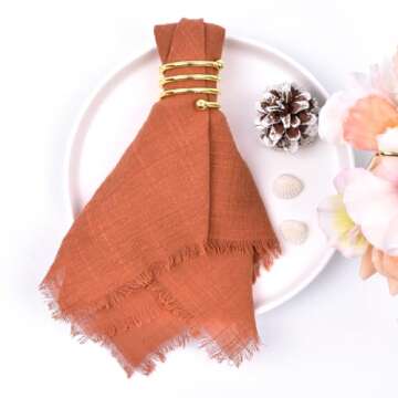 Joanlody Terracotta 10 Pack Handmade Cloth Napkins Cotton Linen Easter Spring Napkins with Fringe Rustic Bulk Dinner Napkins for Wedding Party Baby Shower Table Decor