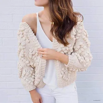 CHICWISH Women's Soft Heart Shape Balls Hand Knit Open Front Ivory Cardigan, Size L-XL
