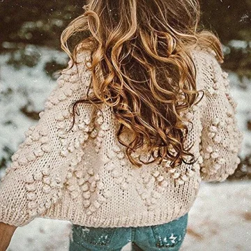 CHICWISH Women's Soft Heart Shape Balls Hand Knit Open Front Ivory Cardigan, Size L-XL