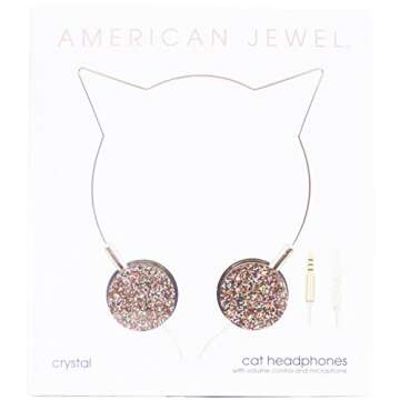 AMERICAN JEWEL Kitty Cat Ear Headphones - Wire Frame Headset with Volume Control and Microphone - Rose Gold and Crystal