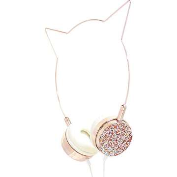 AMERICAN JEWEL Kitty Cat Ear Headphones - Wire Frame Headset with Volume Control and Microphone - Rose Gold and Crystal