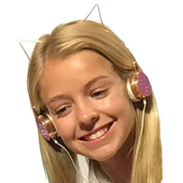 AMERICAN JEWEL Kitty Cat Ear Headphones - Wire Frame Headset with Volume Control and Microphone - Rose Gold and Crystal
