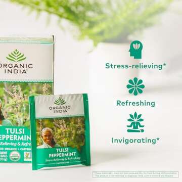 ORGANIC INDIA Tulsi Peppermint Tea - Caffeine Free Herbal Mint Tea - Stress Relieving Holy Basil, Im...