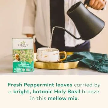ORGANIC INDIA Tulsi Peppermint Tea - Caffeine Free Herbal Mint Tea - Stress Relieving Holy Basil, Immune & Digestion Support, Vegan, USDA Certified Organic, Fairtrade - 18 Infusion Bags, 3 Pack