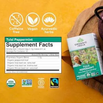 ORGANIC INDIA Tulsi Peppermint Tea - Caffeine Free Herbal Mint Tea - Stress Relieving Holy Basil, Immune & Digestion Support, Vegan, USDA Certified Organic, Fairtrade - 18 Infusion Bags, 3 Pack