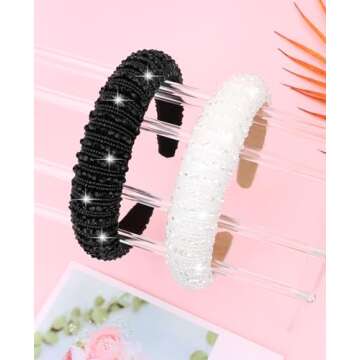 Wecoe 2pcs White Black Rhinestone Headbands Women Girls Crystal Beaded Headband Fashion Cute Bling Sparkly Diamond Padded Thick Puffy Headbands Holiday Hair Accessories For Women Girls Gifts
