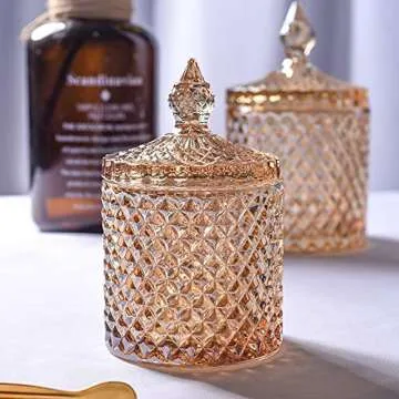 Rainie Love Home Basic Food Storage Organization Set-Crystal Diamond Faceted Jar with Crystal Lid,Suitable as A Candy Dish,Cookie Tin,Biscuit Barrel,Decorative Candy Jar (Amber, 16 oz)