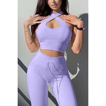 QINSEN Women's Workout Outfit 2 Pieces Ribbed Seamless Yoga Leggings Cross Halter Sports Bra Gym Clothes Set Purple S