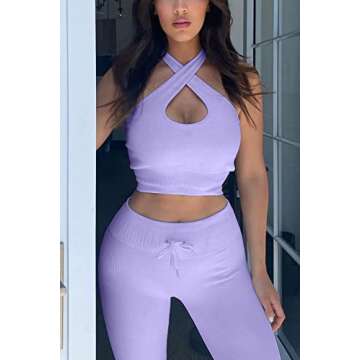 QINSEN Women's Workout Outfit 2 Pieces Ribbed Seamless Yoga Leggings Cross Halter Sports Bra Gym Clothes Set Purple S
