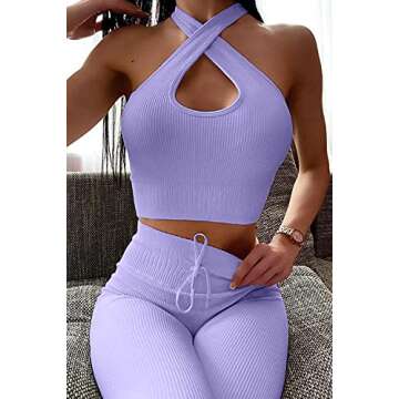 QINSEN Women's Workout Outfit 2 Pieces Ribbed Seamless Yoga Leggings Cross Halter Sports Bra Gym Clothes Set Purple S