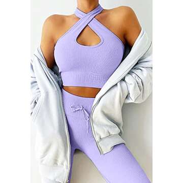 QINSEN Women's Workout Outfit 2 Pieces Ribbed Seamless Yoga Leggings Cross Halter Sports Bra Gym Clothes Set Purple S