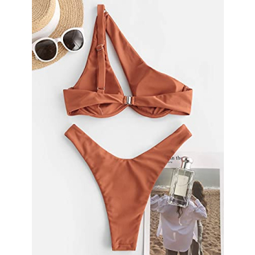 ZAFUL Stylish One Shoulder Bikini for Women Coffee