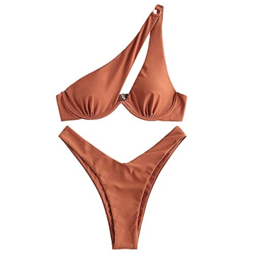 ZAFUL Stylish One Shoulder Bikini for Women Coffee