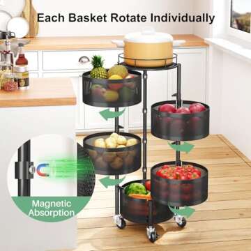 SAYZH Fruit Vegetable Basket for Kitchen, Rotating Storage Rack, 5 Tier Rolling Cart with top lid, L...