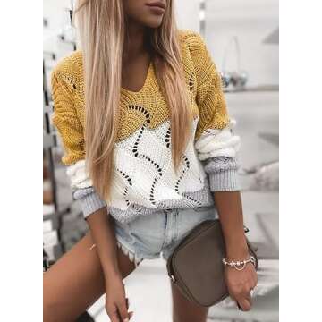 Dokotoo Womens Ladies Cute Fashion Casual Loose Winter Fall Color Block Hollow Out Chunky Cable Knit V Neck Long Sleeve Knitting Sweaters Pullover Outerwear Yellow XX-Large