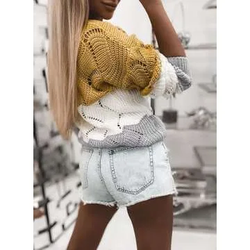 Dokotoo Womens Ladies Cute Fashion Casual Loose Winter Fall Color Block Hollow Out Chunky Cable Knit V Neck Long Sleeve Knitting Sweaters Pullover Outerwear Yellow XX-Large