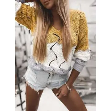 Dokotoo Womens Ladies Cute Fashion Casual Loose Winter Fall Color Block Hollow Out Chunky Cable Knit V Neck Long Sleeve Knitting Sweaters Pullover Outerwear Yellow XX-Large