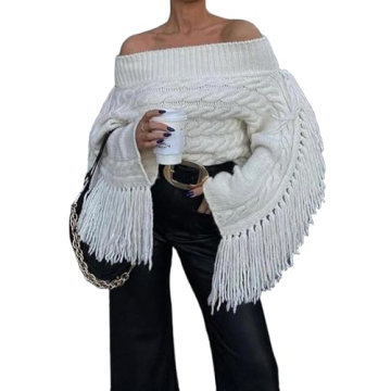 Unybwonn Women Off The Shoulder Fringe Cropped Sweater Long Sleeve Sexy Pullover Y2k Cute Streetwear...
