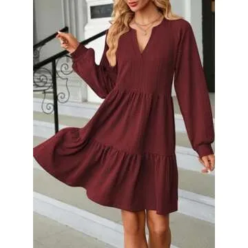 Dokotoo Womens Dresses 2025 Long Sleeve Ruched Notched V Neck Textured Casual Summer Dress Spring Loose Tiered Ruffle A-Line Flowy Swing Solid Color Cute Mini Babydoll Tunic Short Dress Red Small