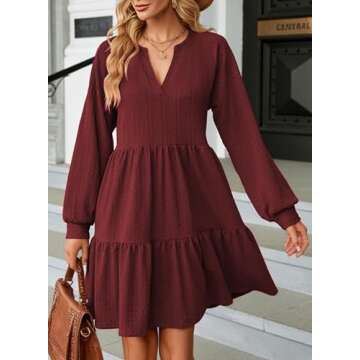Dokotoo Womens Dresses 2025 Long Sleeve Ruched Notched V Neck Textured Casual Summer Dress Spring Loose Tiered Ruffle A-Line Flowy Swing Solid Color Cute Mini Babydoll Tunic Short Dress Red Small