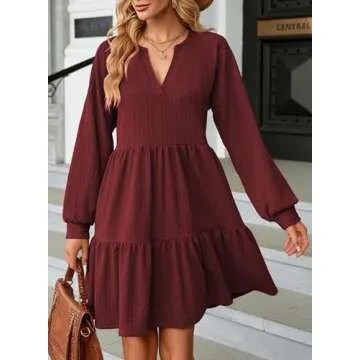 Dokotoo Womens Dresses 2025 Long Sleeve Ruched Notched V Neck Textured Casual Summer Dress Spring Loose Tiered Ruffle A-Line Flowy Swing Solid Color Cute Mini Babydoll Tunic Short Dress Red Small