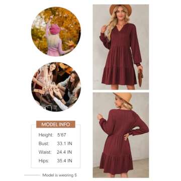 Dokotoo Womens Dresses 2025 Long Sleeve Ruched Notched V Neck Textured Casual Summer Dress Spring Loose Tiered Ruffle A-Line Flowy Swing Solid Color Cute Mini Babydoll Tunic Short Dress Red Small