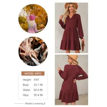 Dokotoo Womens Dresses 2025 Long Sleeve Ruched Notched V Neck Textured Casual Summer Dress Spring Loose Tiered Ruffle A-Line Flowy Swing Solid Color Cute Mini Babydoll Tunic Short Dress Red Small