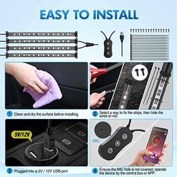 Nilight 4PCS USB Interior Car Lights 48 LEDs RGB LED Strips Lights with App Control Music Sound Active Mode Under Dash Footwell Ambient Lights 2 Line Design for Car Truck ATV UTV, 2 Years Warranty