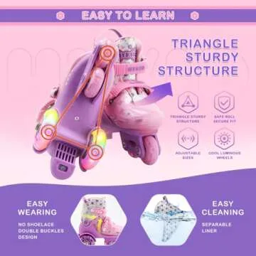 HYKID Toddler Roller Skates, 4 Adjustable Sizes, Fun Illuminating, Safety Three-Point Type, Breathable Upper, Beginners' Roller Skates for Girls Boys Kids (Charming Viola, XS-Small,8-10.5)