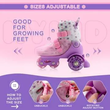 HYKID Toddler Roller Skates, 4 Adjustable Sizes, Fun Illuminating, Safety Three-Point Type, Breathable Upper, Beginners' Roller Skates for Girls Boys Kids (Charming Viola, XS-Small,8-10.5)