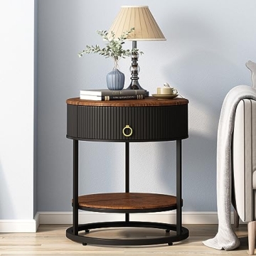 OIOG Round End Table with Drawer, Modern Wood Grain Side Table with Shelf, 2-Tier Nightstand with Dr...