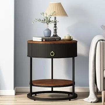 OIOG Round End Table with Drawer, Modern Wood Grain Side Table with Shelf, 2-Tier Nightstand with Dr...