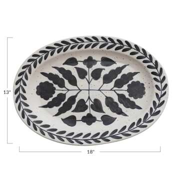 Creative Co-Op Hand Painted Stoneware Platter with Floral Design, Black and White