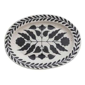 Creative Co-Op Hand Painted Stoneware Platter with Floral Design, Black and White