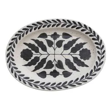 Creative Co-Op Hand Painted Stoneware Platter with Floral Design, Black and White
