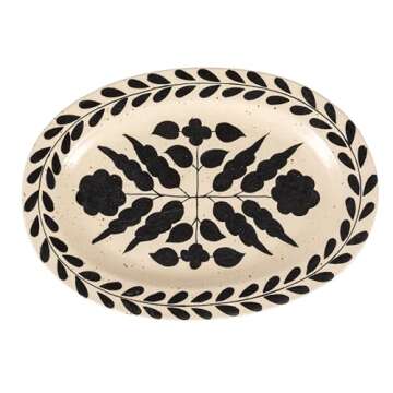 Creative Co-Op Hand Painted Stoneware Platter with Floral Design, Black and White