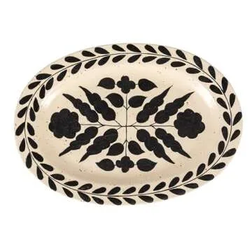 Creative Co-Op Hand Painted Stoneware Platter with Floral Design, Black and White