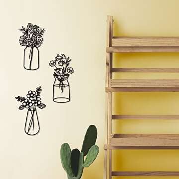 Putuo Decor Metal Flowers Wall Decor 3 Pieces, Minimalist Black Metal Wall Art, Tulip Wire Iron Wall Decor for Living Room Bathroom Kitchen