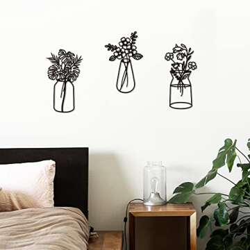 Putuo Decor Metal Flowers Wall Decor 3 Pieces, Minimalist Black Metal Wall Art, Tulip Wire Iron Wall Decor for Living Room Bathroom Kitchen