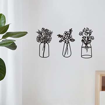 Putuo Decor Metal Flowers Wall Decor 3 Pieces, Minimalist Black Metal Wall Art, Tulip Wire Iron Wall Decor for Living Room Bathroom Kitchen