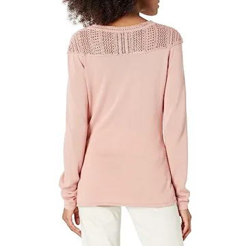 Cable Stitch Women's Pointelle Inset Sweater – Long Sleeve Crewneck Lace Crochet Knit Pullover Top (Dusty Pink, Small)