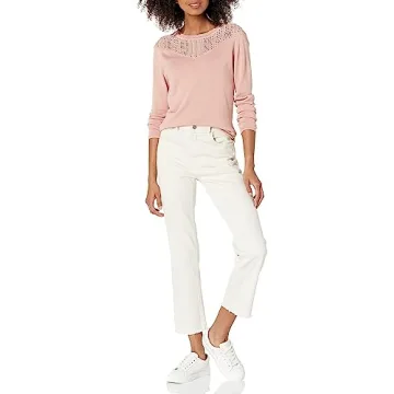 Cable Stitch Women's Pointelle Inset Sweater – Long Sleeve Crewneck Lace Crochet Knit Pullover Top (Dusty Pink, Small)