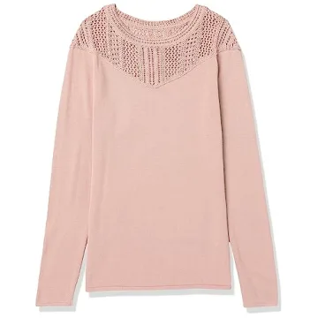 Cable Stitch Women's Pointelle Inset Sweater – Long Sleeve Crewneck Lace Crochet Knit Pullover Top (Dusty Pink, Small)