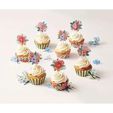 RIFLE PAPER CO. Cupcake Kit | 24 Assorted Liners in 2 Designs, 24 Assorted Double Sided Toppers in 6 Designs, Standard Cupcake Size, Full Color and Foil Stamped, Garden Party