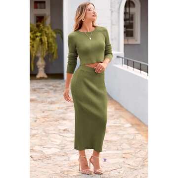 PRETTYGARDEN Women's Spring Fall 2 Piece Sweater Set Rib Knit Long Sleeve Crop Top Maxi Bodycon Skirt Casual Winter Outfits (Army Green,Small)