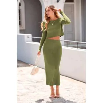 PRETTYGARDEN Women's Spring Fall 2 Piece Sweater Set Rib Knit Long Sleeve Crop Top Maxi Bodycon Skirt Casual Winter Outfits (Army Green,Small)