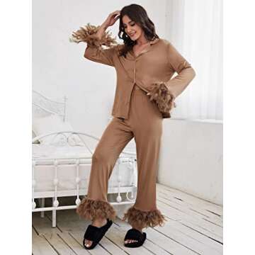 WDIRARA Women's Sleepwear 2 Piece Fuzzy Trim Button Down Long Sleeve and Pants Pj Set Khaki Beige XS