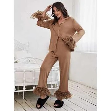 WDIRARA Women's Sleepwear 2 Piece Fuzzy Trim Button Down Long Sleeve and Pants Pj Set Khaki Beige XS
